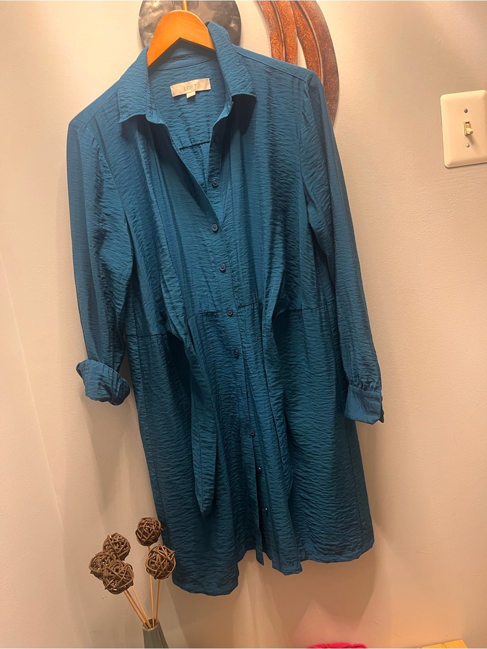 LOFT Teal Textured Tie-Front Long Sleeve Dress 6 - Picture 5 of 15